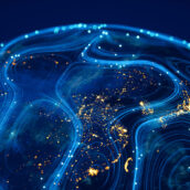 The flow of data across a connected world. (World Map Courtesy of NASA: https://visibleearth.nasa.gov/view.php?id=55167)