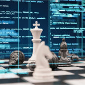 AI Artificial Intelligence or Machine Learning Concept with Digital Computer Code with Chess Pieces. 3D Render